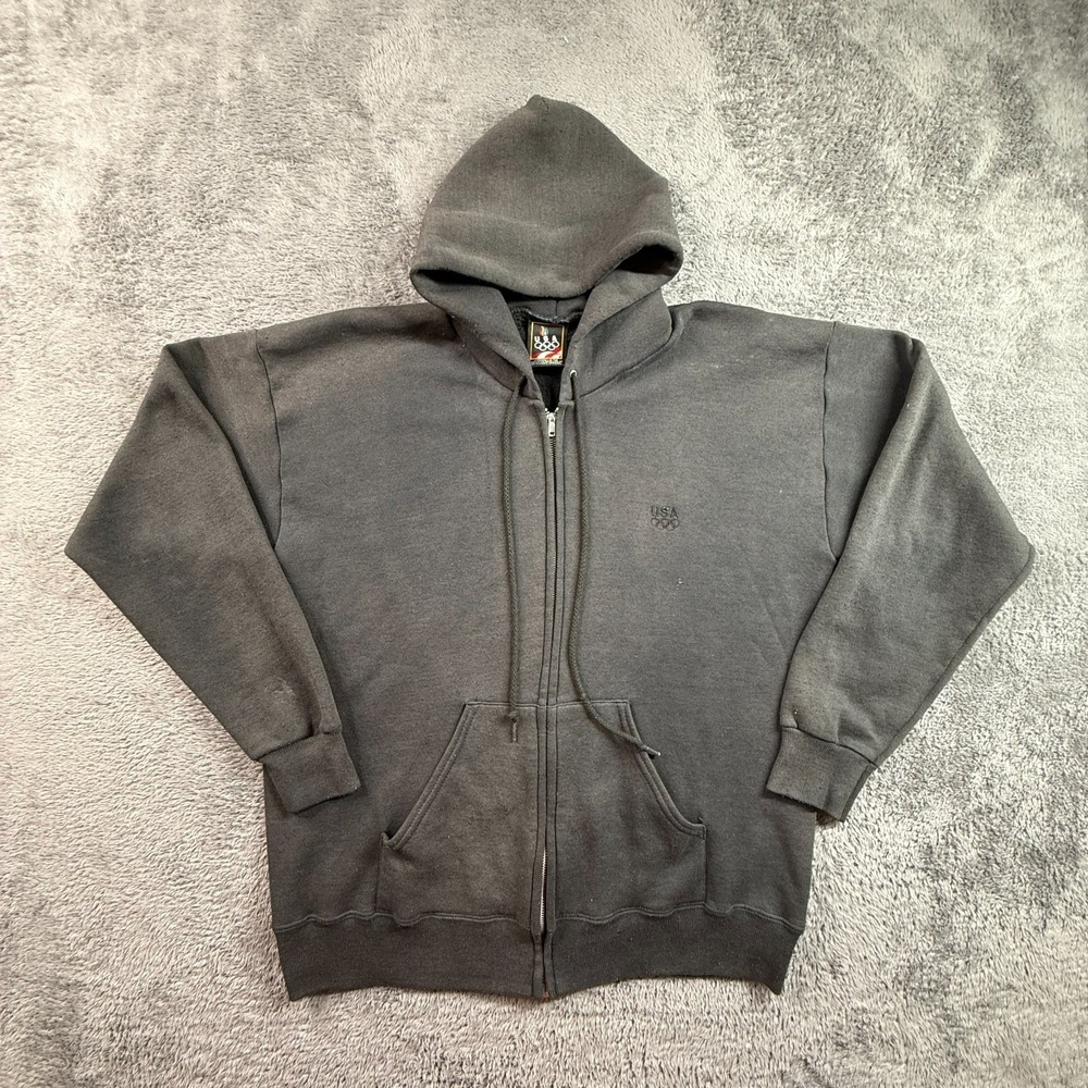 Vintage 80s USA Olympics Hoodie Mens L JCPenney Black Zip Up Hooded Sweatshirt